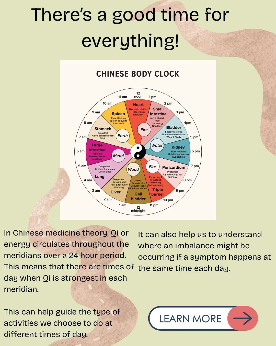 I loved learning about the Chinese medicine clock and I use it in every single one of my consults with patients. 💫

The clock is such an interesting tool of Traditional Chinese Medicine. We use it to analyse the cause of a patients symptoms and to g
