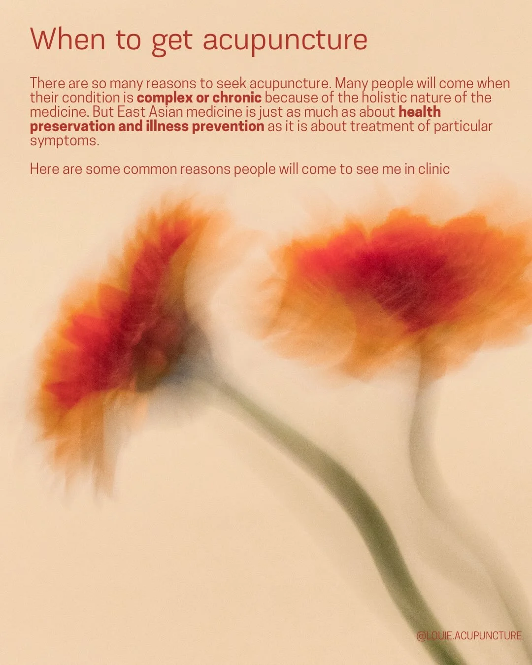 Wondering when it&rsquo;s time to get acupuncture? If you&rsquo;re wondering, it&rsquo;s probably time! 

A big focus of East Asian medicine is health preservation and prevention, so you don&rsquo;t need to be suffering from a particular symptom to g