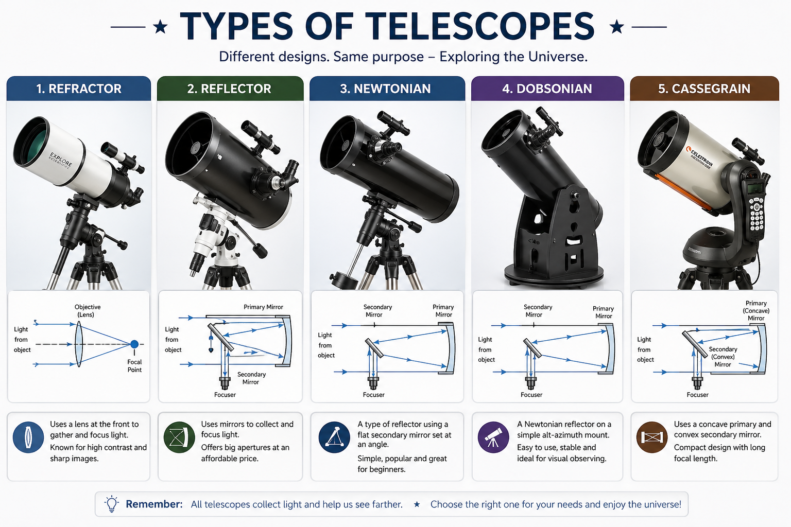 Understanding Telescope Types: Refractor, Reflector, Newtonian, Dobsonian, and Cassegrain