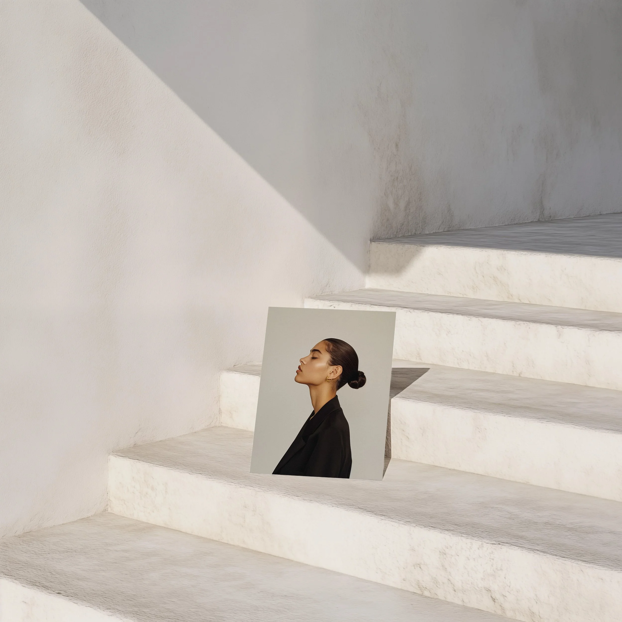 A portrait photogra planted upright on white concrete stairs with textured walls, showing a woman with dark hair in a bun, wearing a black blazer, with her eyes closed and head tilted back.