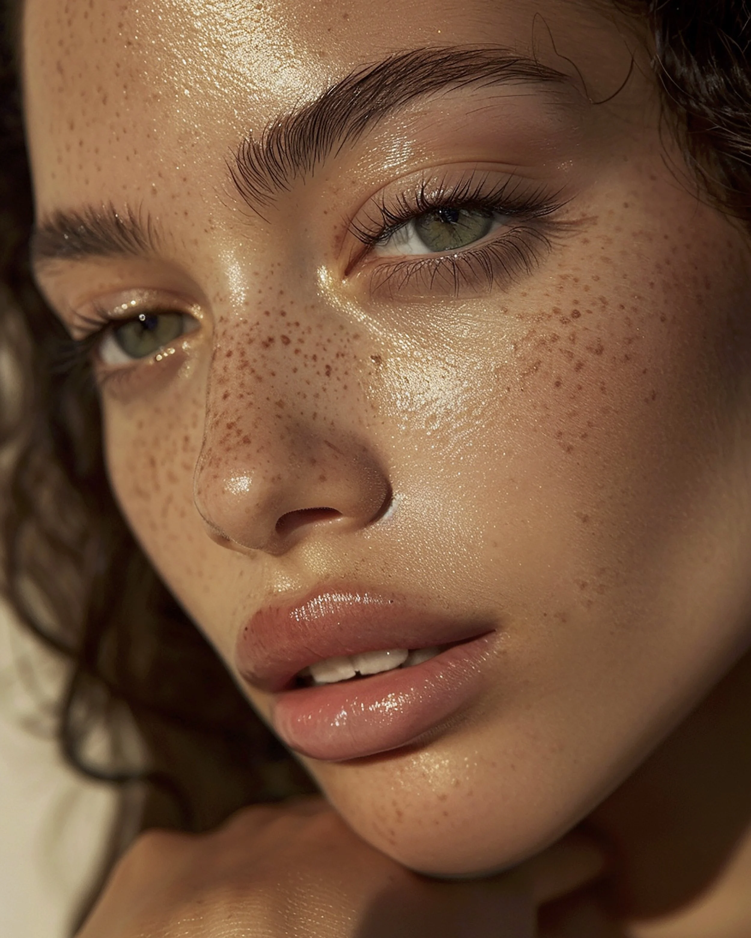 Close-up of a woman's face with freckles, green eyes, and glossy lips, showing detailed skin and makeup.