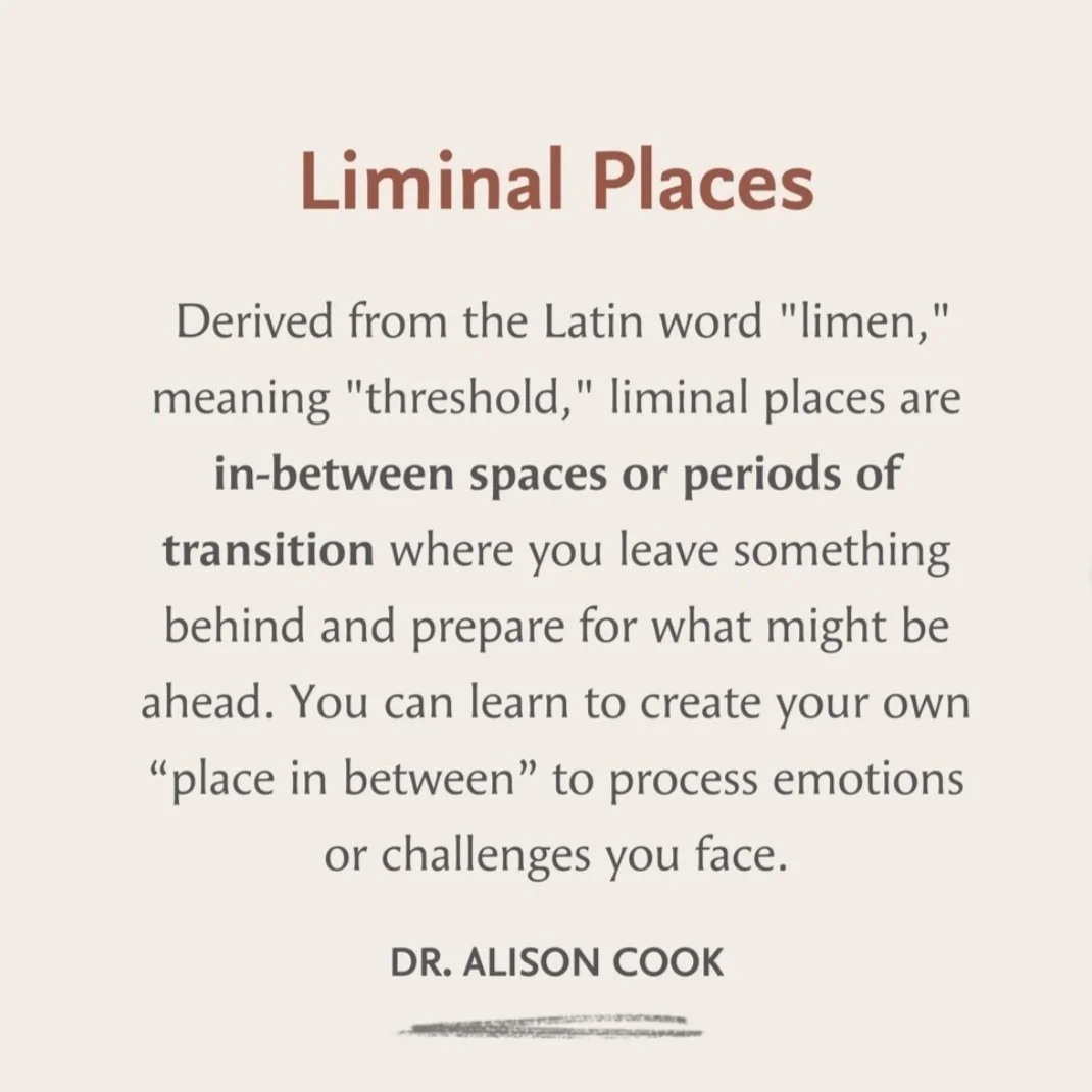 A text-based image explaining the concept of liminal places, derived from Latin 'limen,' meaning 'threshold,' describing in-between spaces or periods of transition where one leaves behind and prepares for what’s ahead, helping process emotions or challenges.