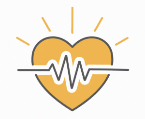 Illustration of a yellow heart with a white heartbeat line and radiating lines.