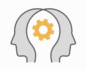 Two overlapping side profiles of human heads with a gear inside the central brain area, symbolizing thinking or mental processes.