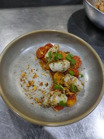 Charred Calamari with capsicum coulis, heirloom tomatoes spiced almonds.jpg