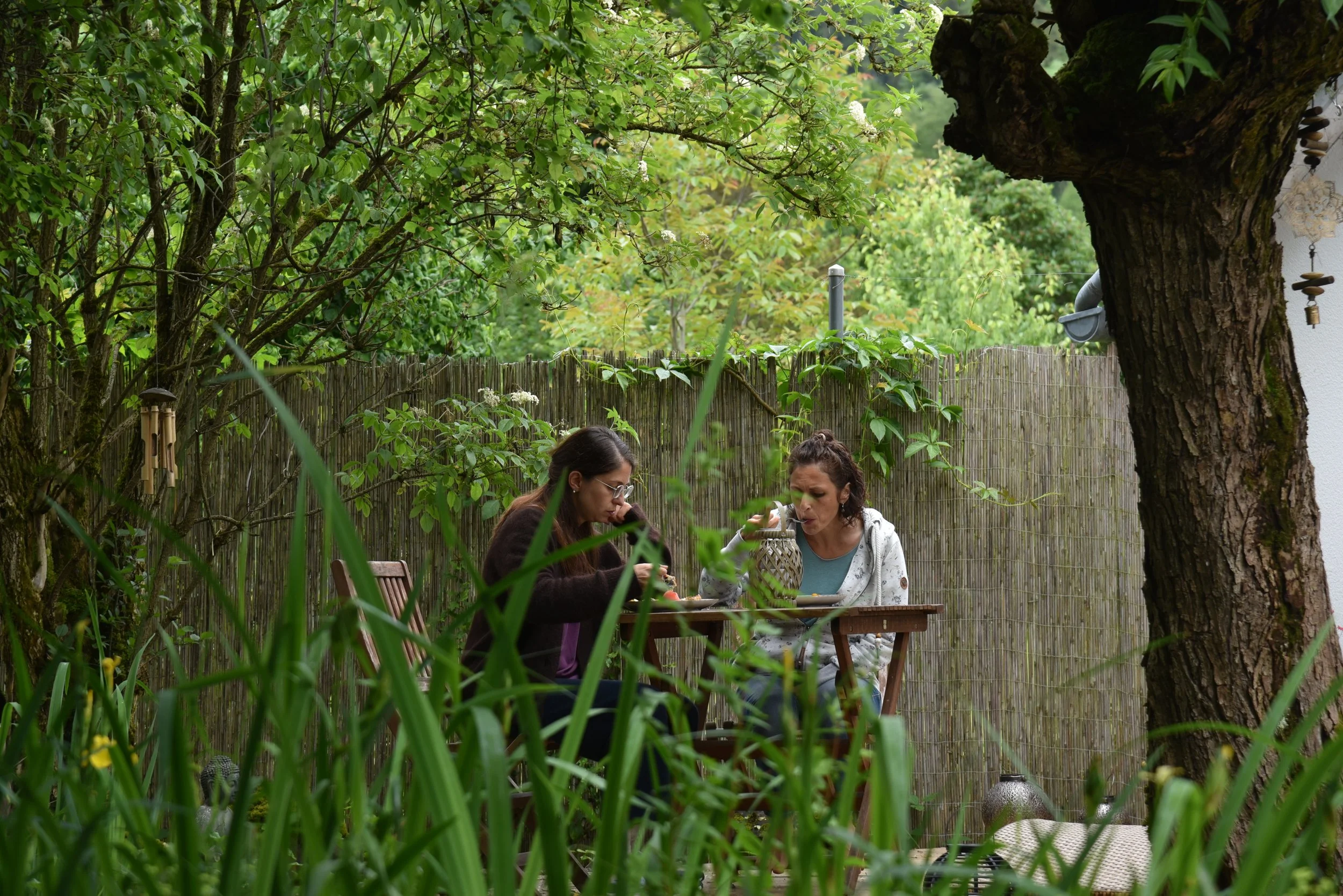 Zwei Frauen sitzen im Garten an einem kleinen Holztisch auf Stühlen und essen zusammen. Der Garten ist grün mit Bäumen, Büsche und einem Zaun im Hintergrund.