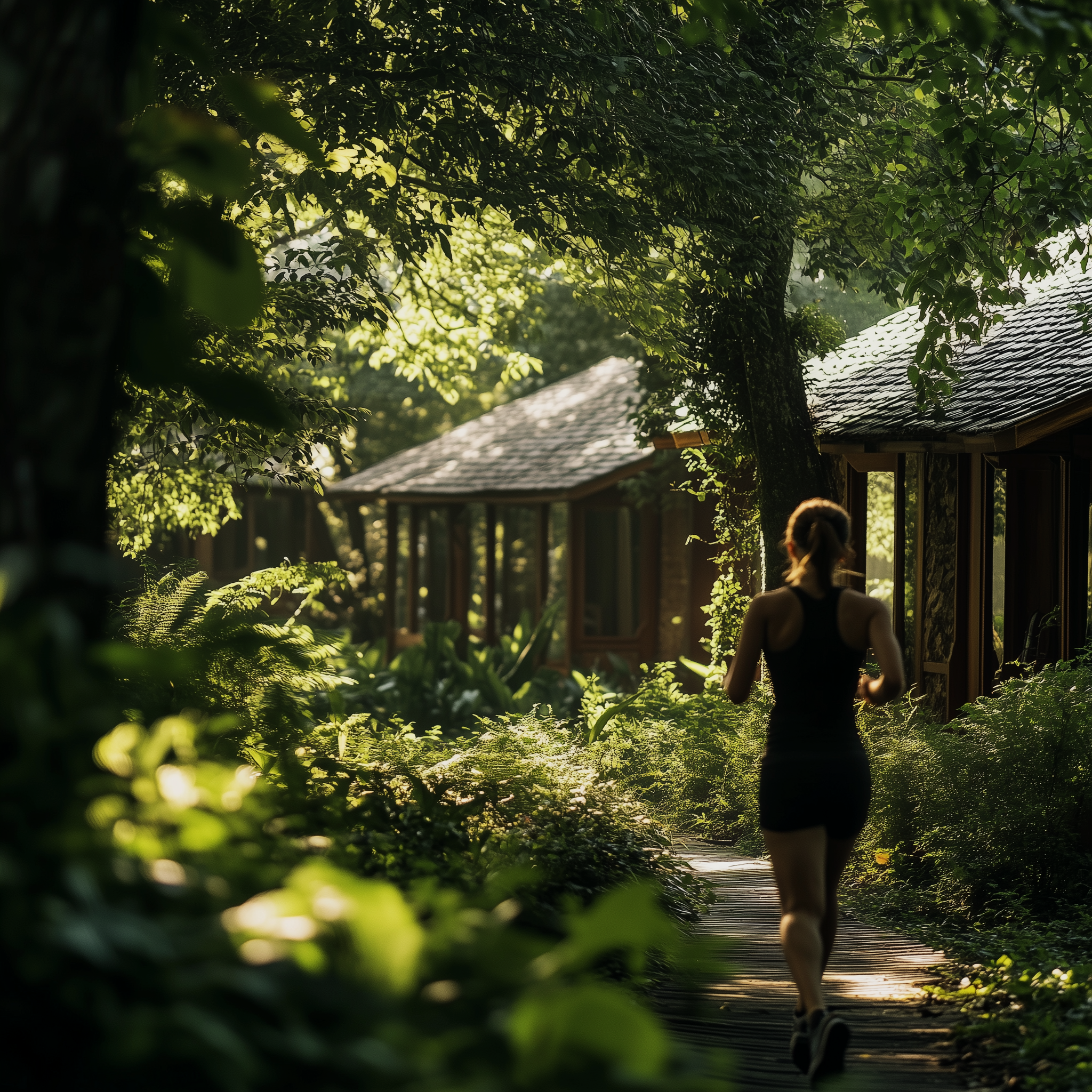 Eine Frau joggt auf einem Pfad durch einen grünen, bewaldeten Garten mit Haus im Hintergrund, Sonnenlicht filtert durch die Bäume.