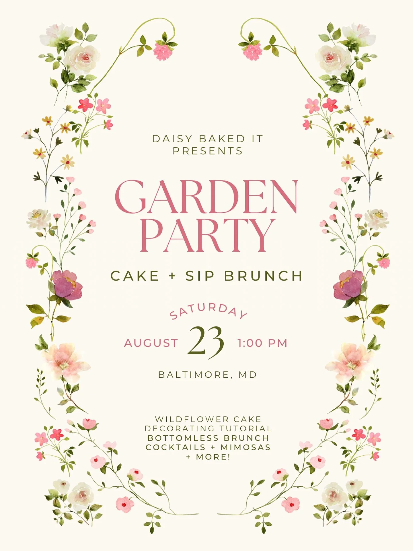 Step into a whimsical world of wildflowers and buttercream at our Garden Party Cake + Sip Brunch, brought to you by Daisy Baked It! This event will take place on Saturday, August 23, 2025 at 1:00 PM. You&rsquo;ll decorate elegant cakes using real pre