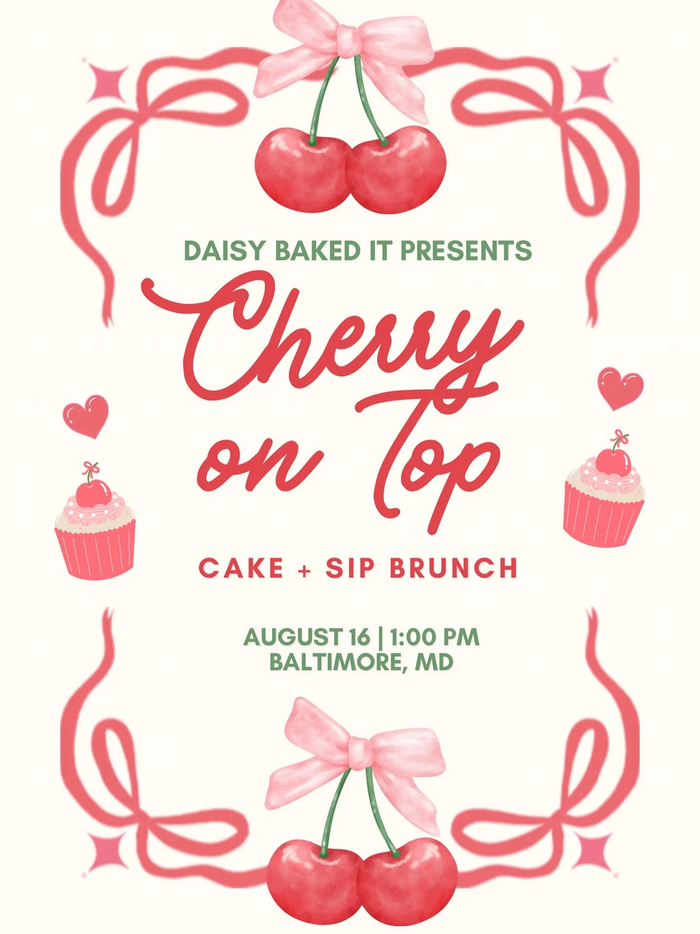 THIS JUST IN! tickets for our Cherry on Top Cake + Sip Brunch are now available for 20% off! Use code CHERRY20 to purchase! there are just a few tickets left 🍒 visit www.daisybakedit.com to purchase tickets!

#DaisyBakedIt #DMV #ThingsToDoInDMV #Thi