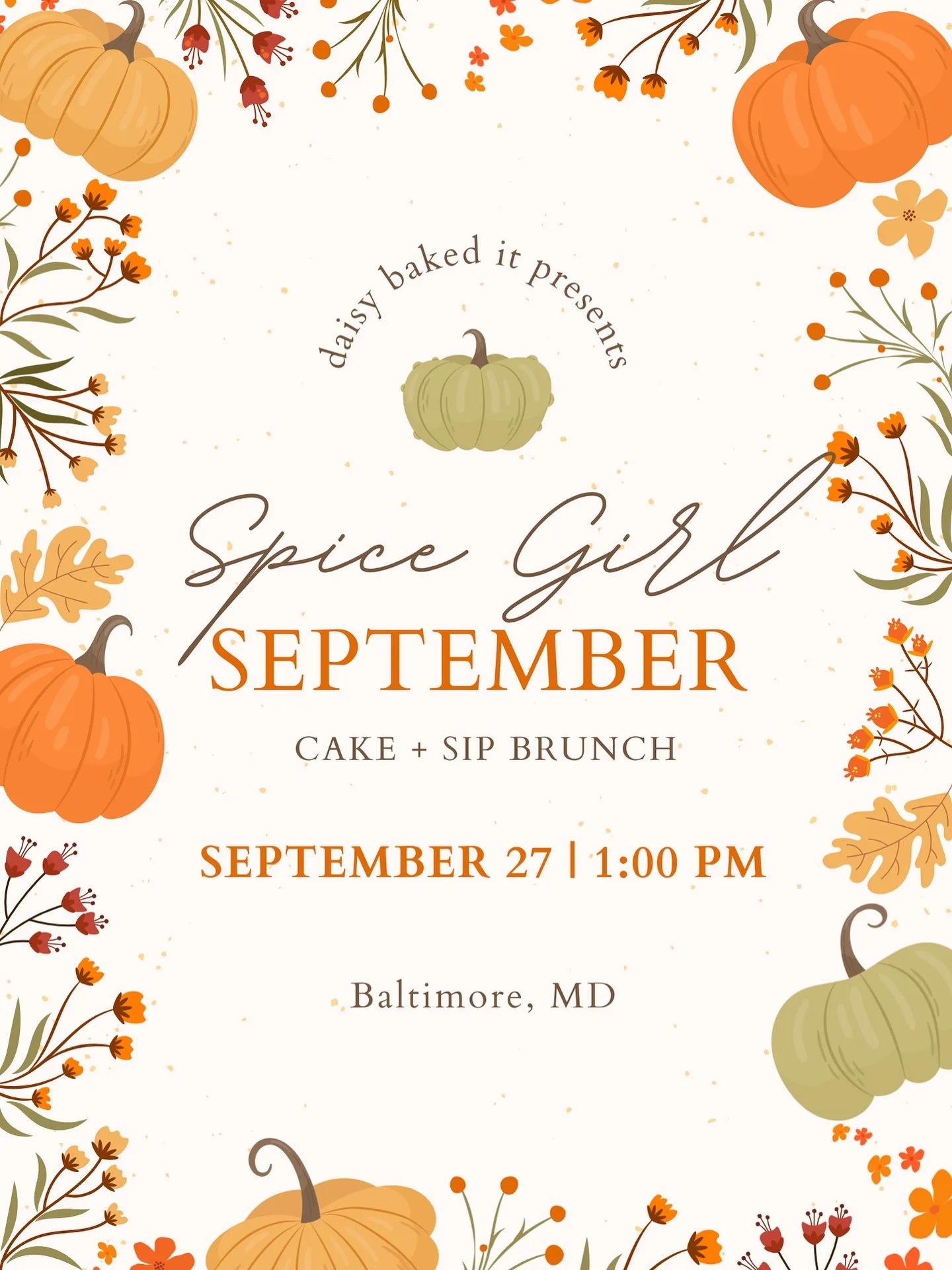 Pumpkin spice and everything nice! Step into fall as we mix cozy autumn vibes with boss babe energy. Enjoy brunch bites, mimosas, and cocktail while you decorate a spice cake! From buttercream pumpkins to orange pearls, this is your chance to sip, sn