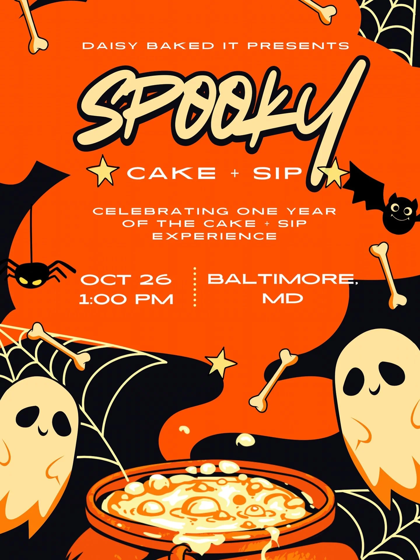 Get ready for a spooktacular afternoon of fun, flavor, and festivity! This special Cake + Sip isn&rsquo;t just about Halloween - it&rsquo;s also our one-year anniversary of bringing you unforgettable Cake + Sip Experiences, and we can&rsquo;t wait to