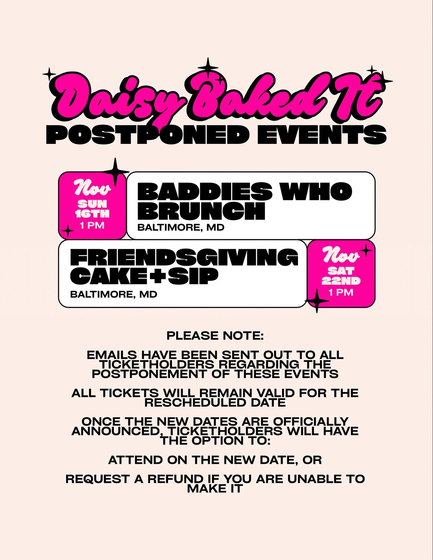 💕postponed, not canceled 💕
our cake + sip experiences scheduled for 11/16 and 11/22 are postponed due to pregnancy complications &amp; my extended hospital stay 🥺 these events will be rescheduled once I&rsquo;m back on my feet and baby girl arrive