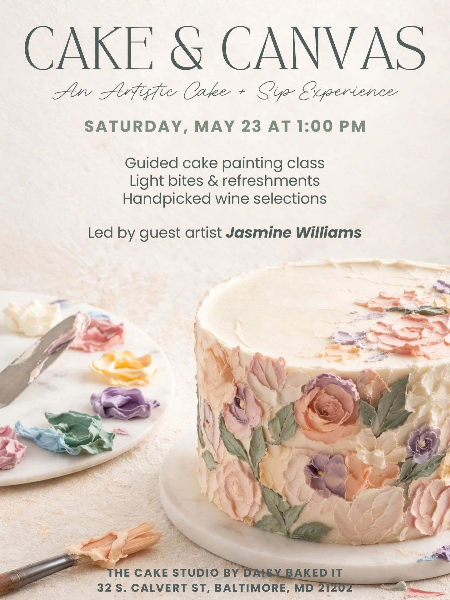 Paint. Sip. Cake. ✨
An afternoon dedicated to creativity, good vibes, and a little bit of indulgence.

Join us for Cake &amp; Canvas at The Cake Studio by Daisy Baked It 🌼 where you&rsquo;ll design your own cake, create your own canvas, and tap into