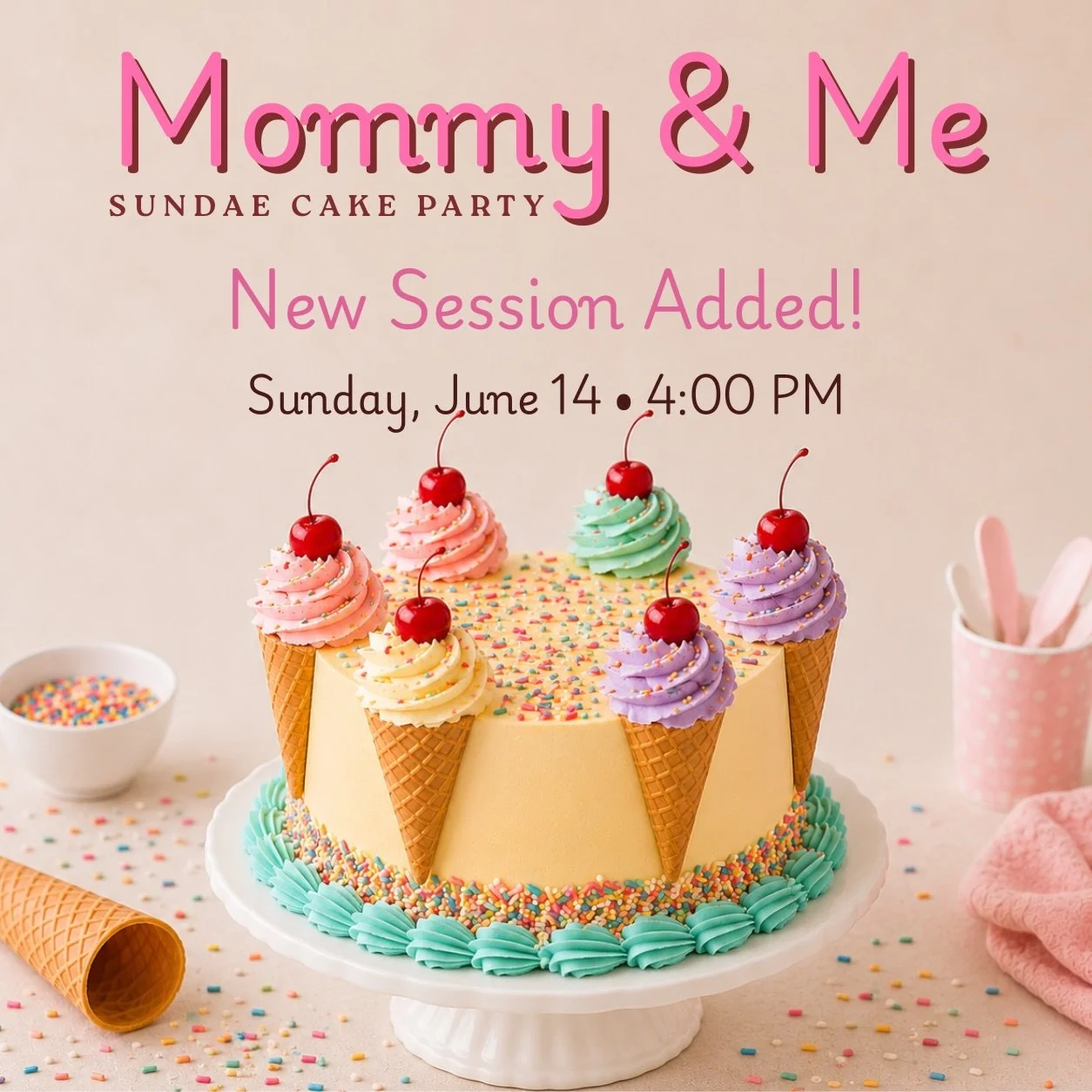 You asked, and we listened! 🍒🍦

Our Mommy &amp; Me Sundae Cake Party has been such a hit that we&rsquo;ve added a NEW session!

Join us on Sunday, June 14 at 4:00 PM as we decorate the sweetest ice cream-inspired cake, enjoy a build-your-own sundae