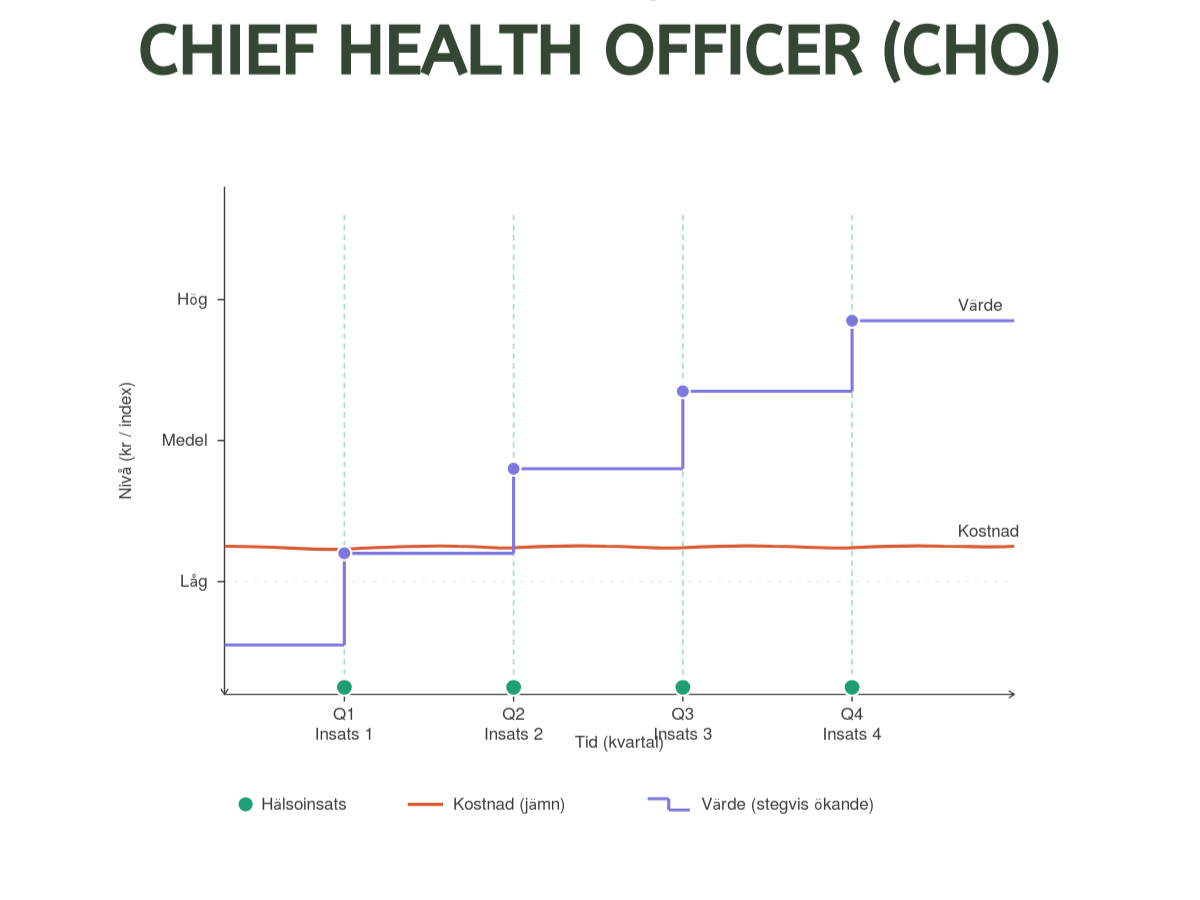 Graf som visar nivå (kr / index) för Chief Health Officer (CHO) över tid (kvartal) med olika insatser och kostnader, inklusive hälsosinsats, värde och kostnad jämnt fördelade.