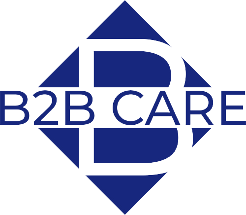 Logotyp för B2B Care med blå geometriska former och text.