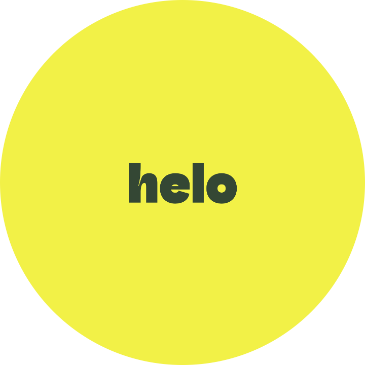 En gul cirkel med ordet 'hello' i svart text i mitten.