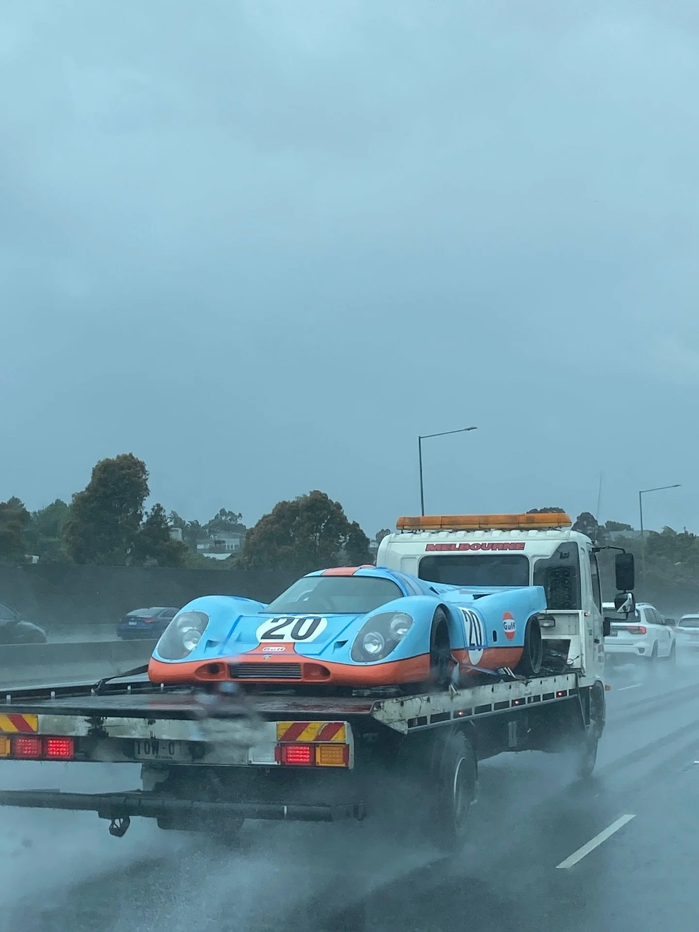 A Gulf-liveried Porsche 917K on a flatbed on CityLink this afternoon, #20 matching that of Steve McQueen&rsquo;s car in the 1971 movie Le Mans.

Almost certainly a replica - not the actual McQueen car, which was just sold by Jerry Seinfeld for around