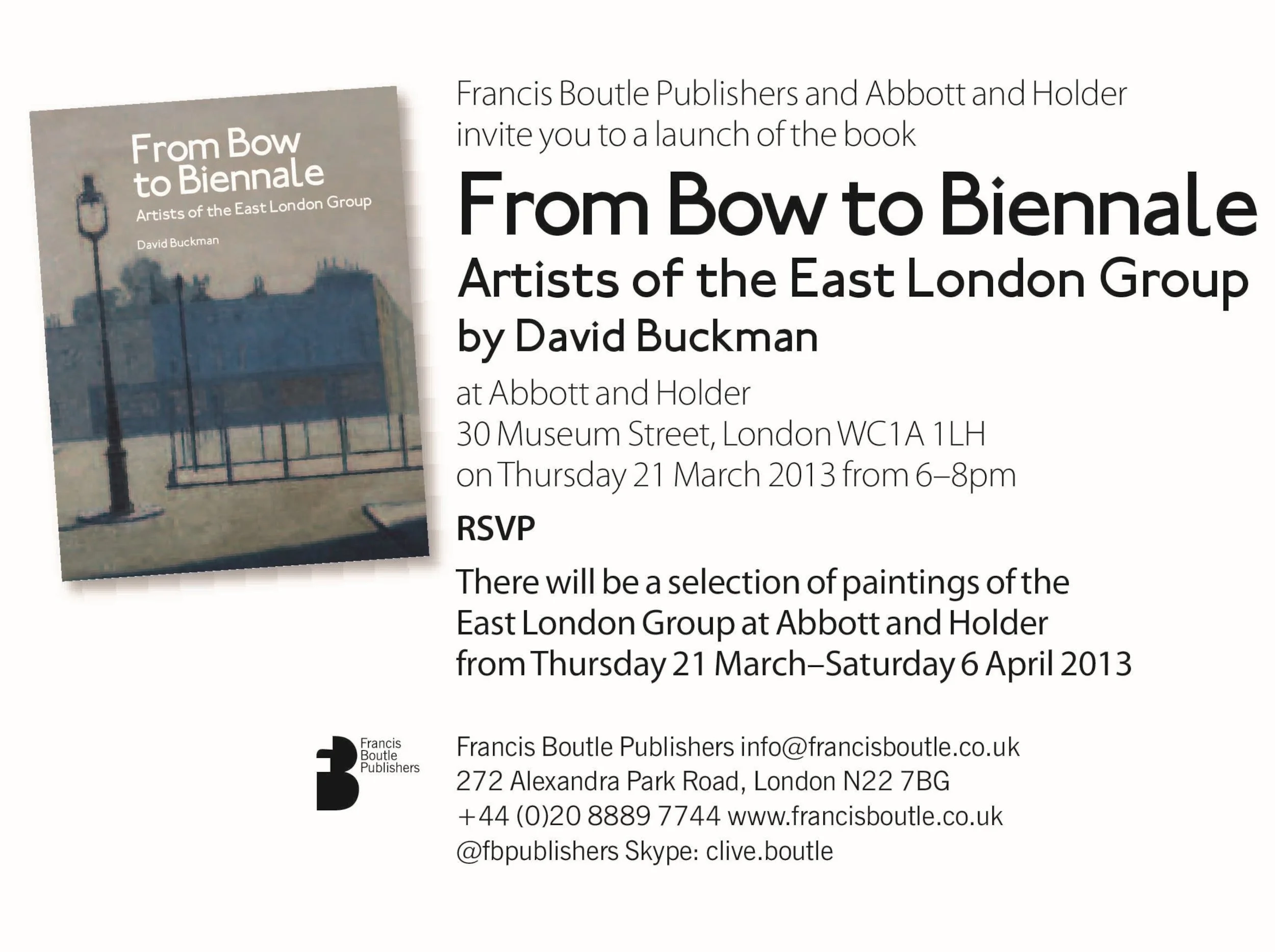 Invitation to a book launch event for 'From Bow to Biennale' by David Buckman, featuring a cover image of the book with an urban scene and streetlights, event details including date, time, location, RSVP information, and contact details for Francis Boutle Publishers.