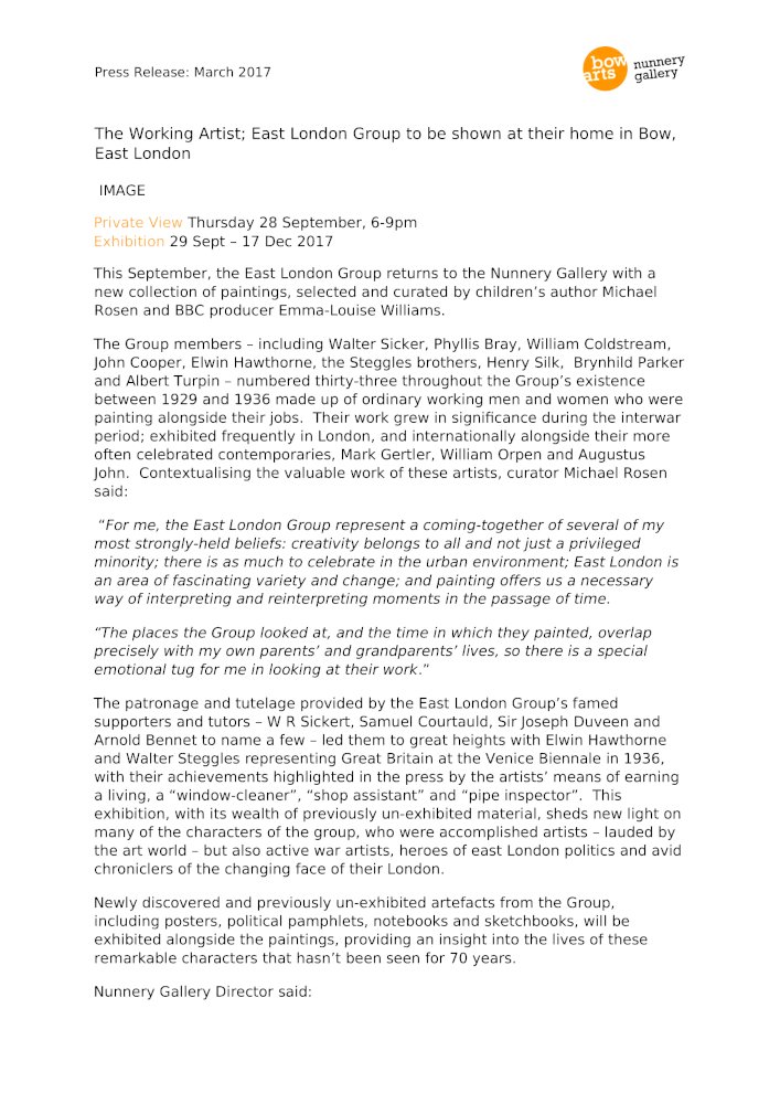 Press release document announcing the East London Group art exhibition at Nunnery Gallery, Bow Arts, with details on dates, featured artists, and curatorial notes.