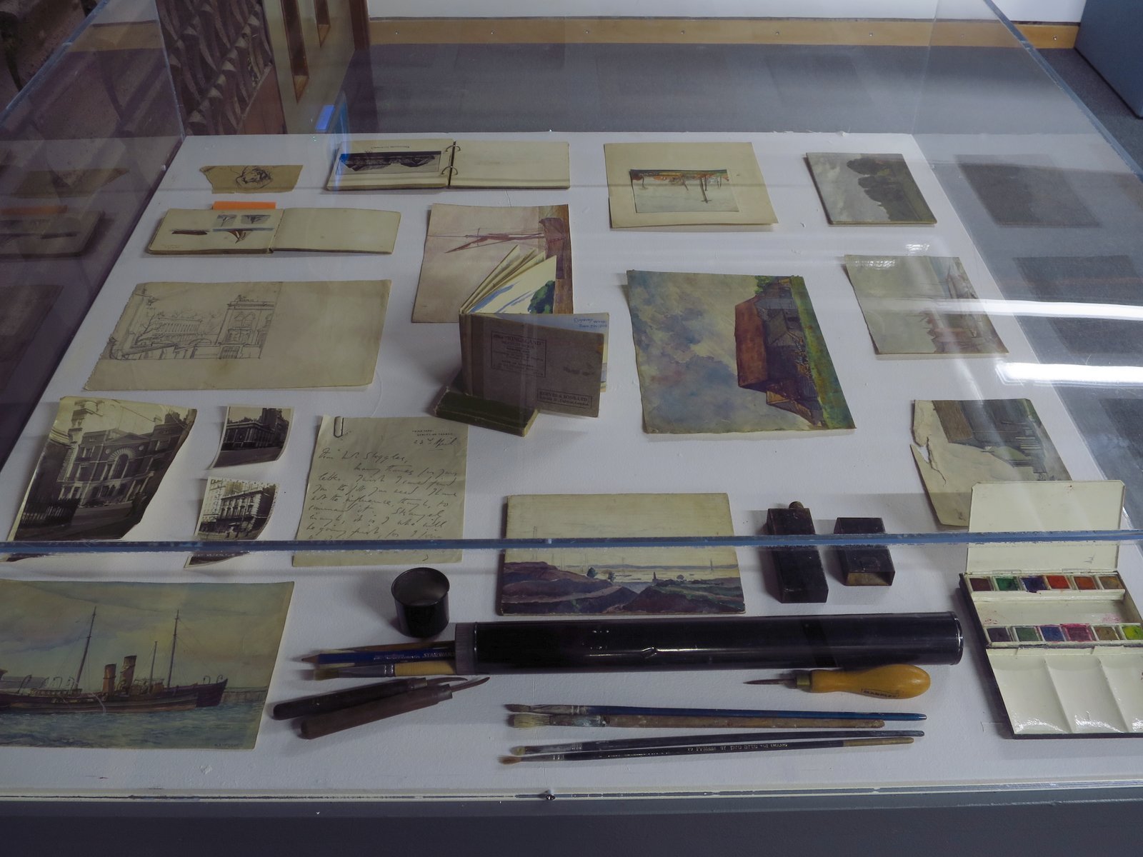 Display cabinet with preparatory sketches & artists materials