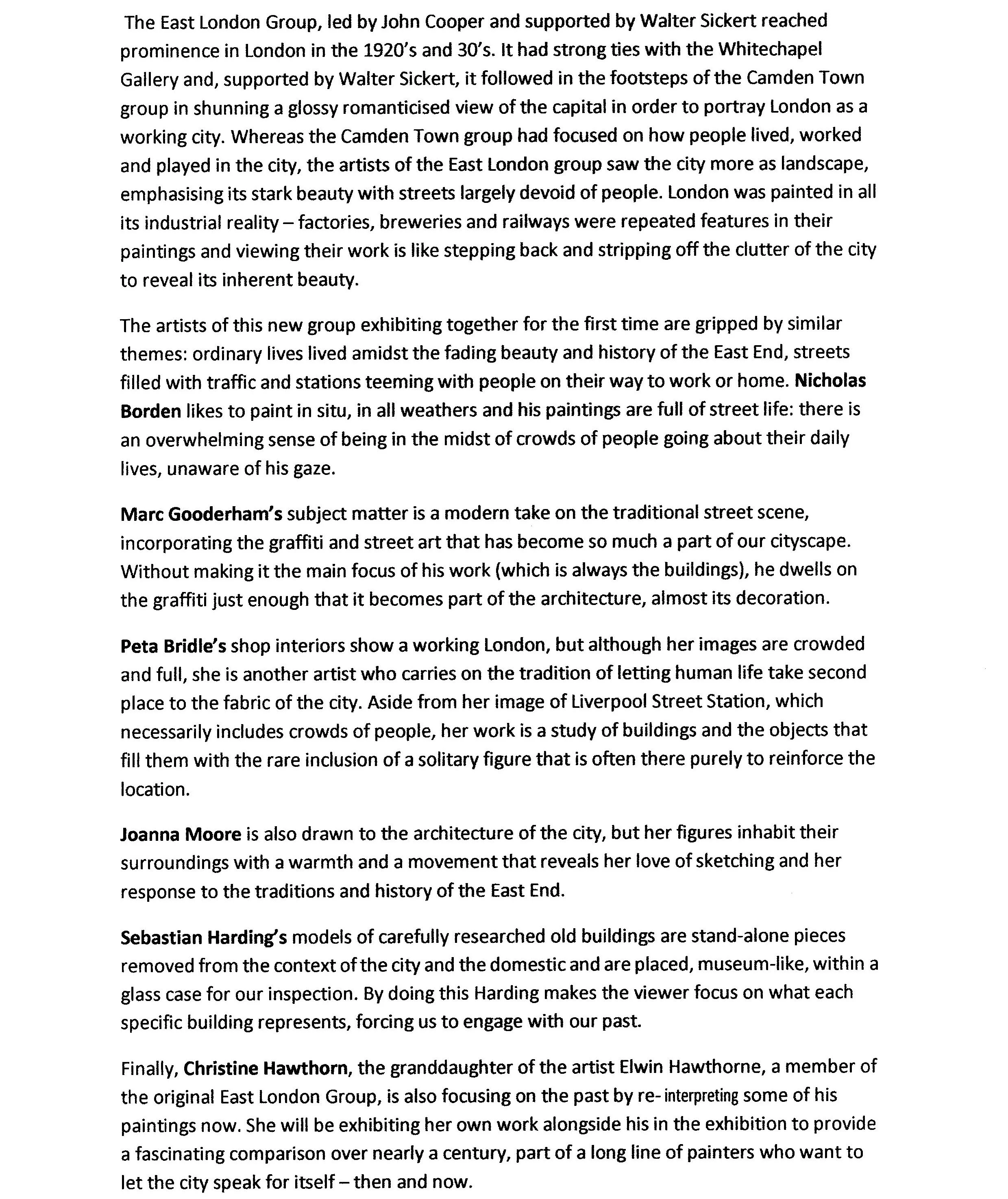 A text-heavy page discussing the East London Group and various artists, including John Cooper, Walter Sickert, Nicholas Borden, Marc Gooderham, Peta Bridle, Joanna Moore, Sebastian Harding, and Christine Hawthorn, focusing on their work depicting London's cityscape and life.