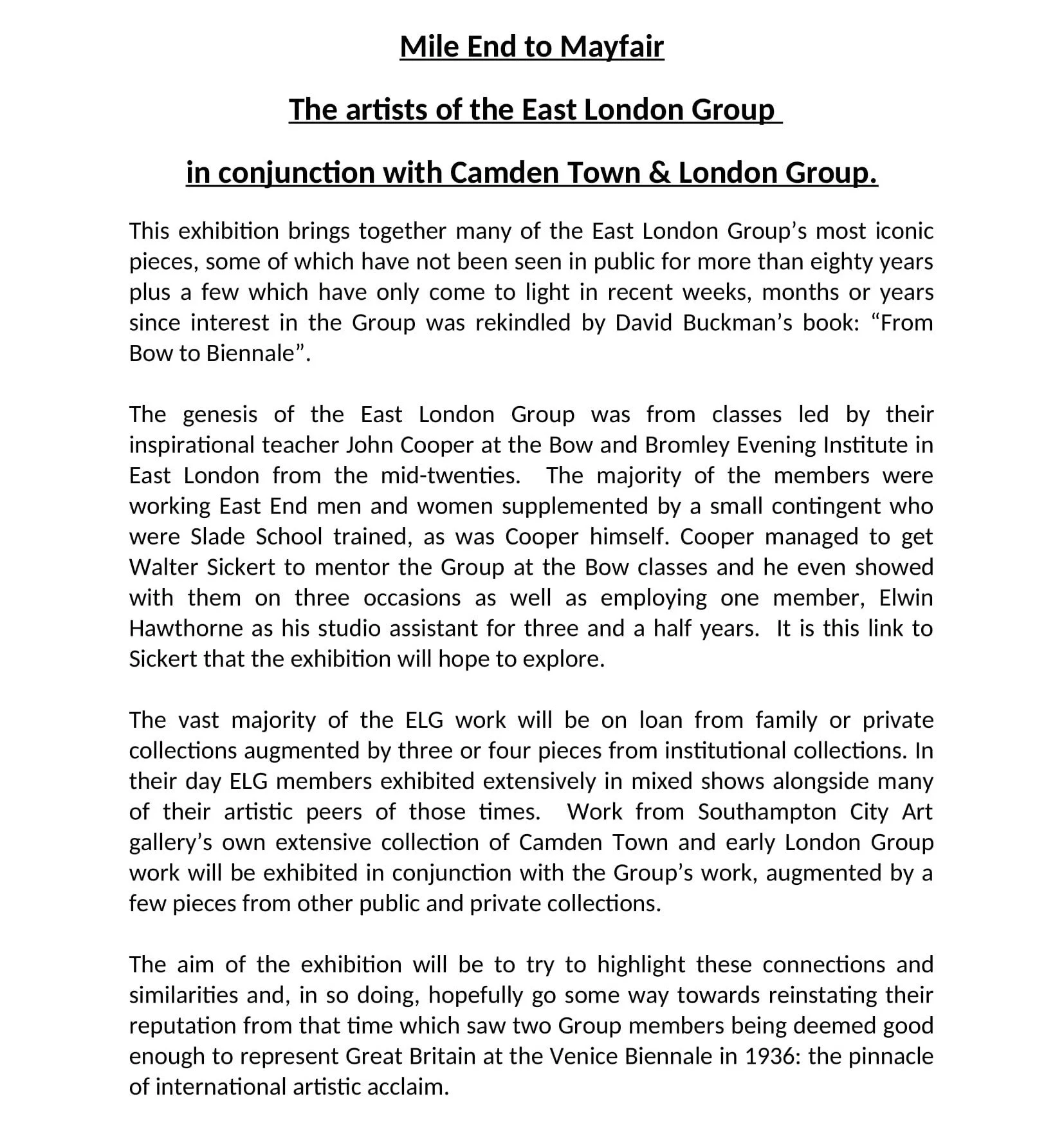 Text describing an art exhibition titled 'Mile End to Mayfair' showcasing works from the East London Group and Camden Town & London Group, detailing their history, members, and the themes of the exhibition.