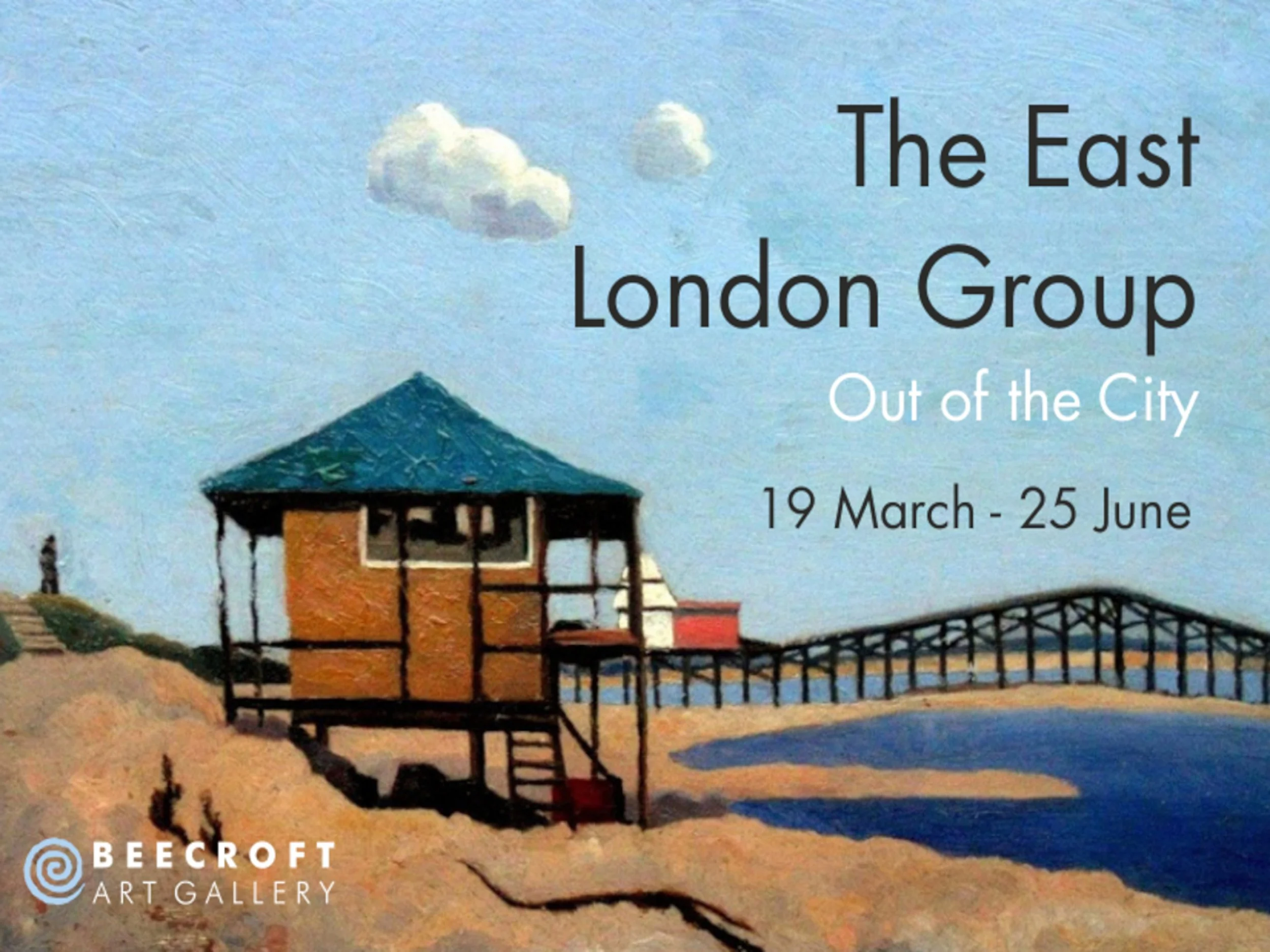 A painted seascape featuring a lifeguard station on the beach, with a bridge extending into the water, a blue sky with a few clouds, and an artwork advertisement for The East London Group exhibit at Beecroft Art Gallery from March 19 to June 25.