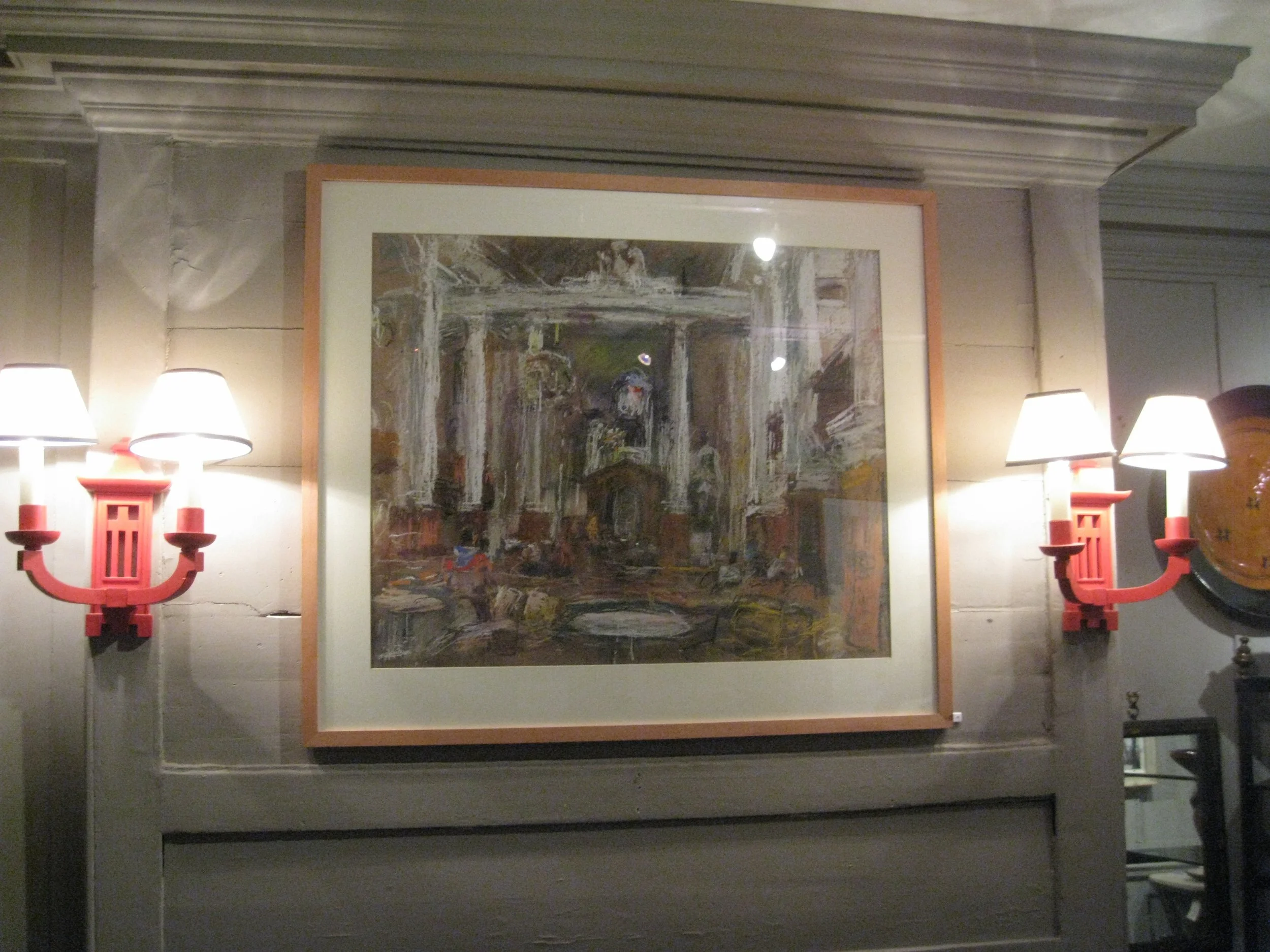 Painting of an interior scene with grand architecture, surrounded by wall-mounted lamps on a beige wall.