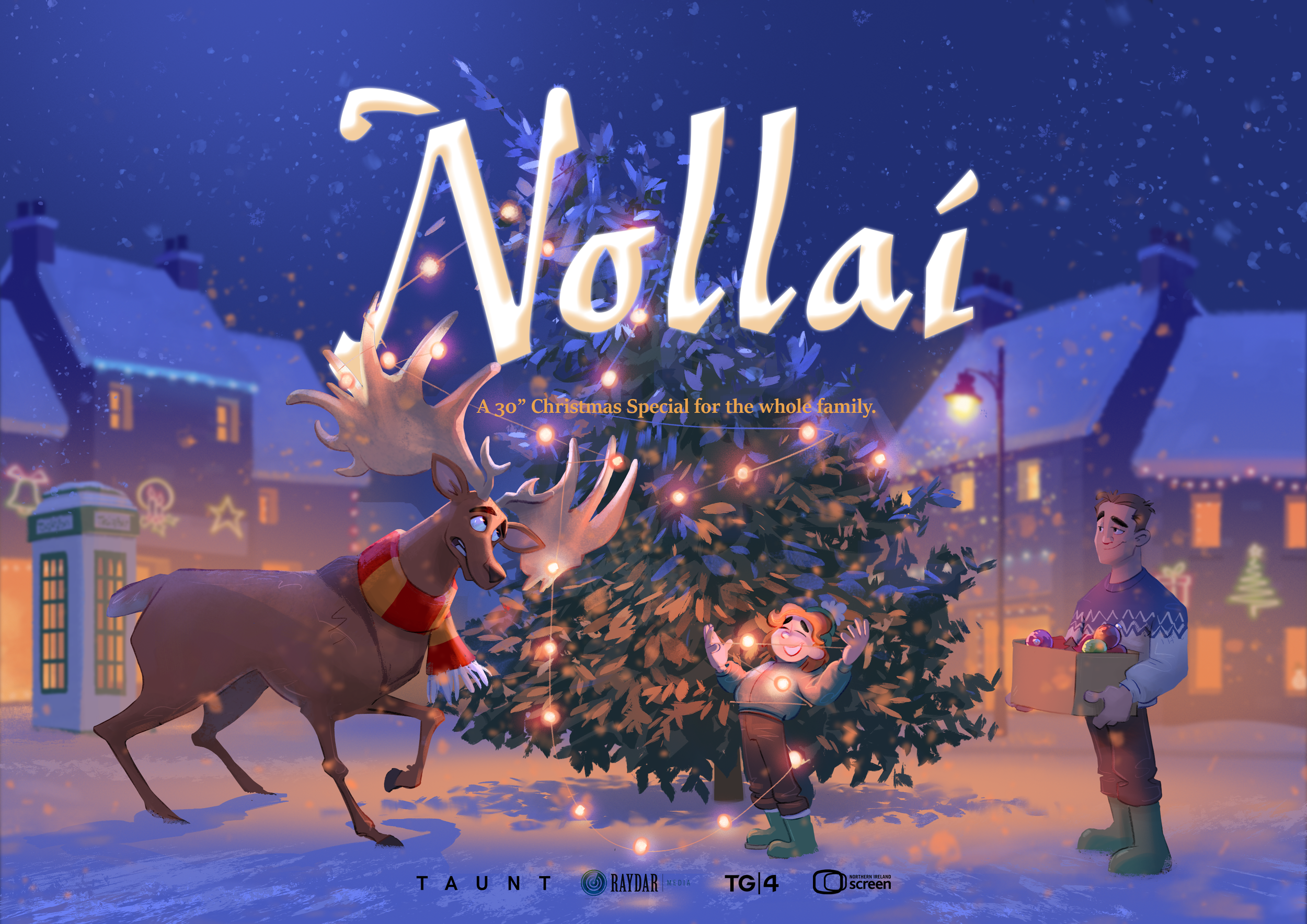 A giant deer wearing a red and yellow striped scarf stands in front of a Christmas tree in an outdoor scene. Also pictured is a young girl with red hair. It is snowy. 'Nollaí' is written in white text.