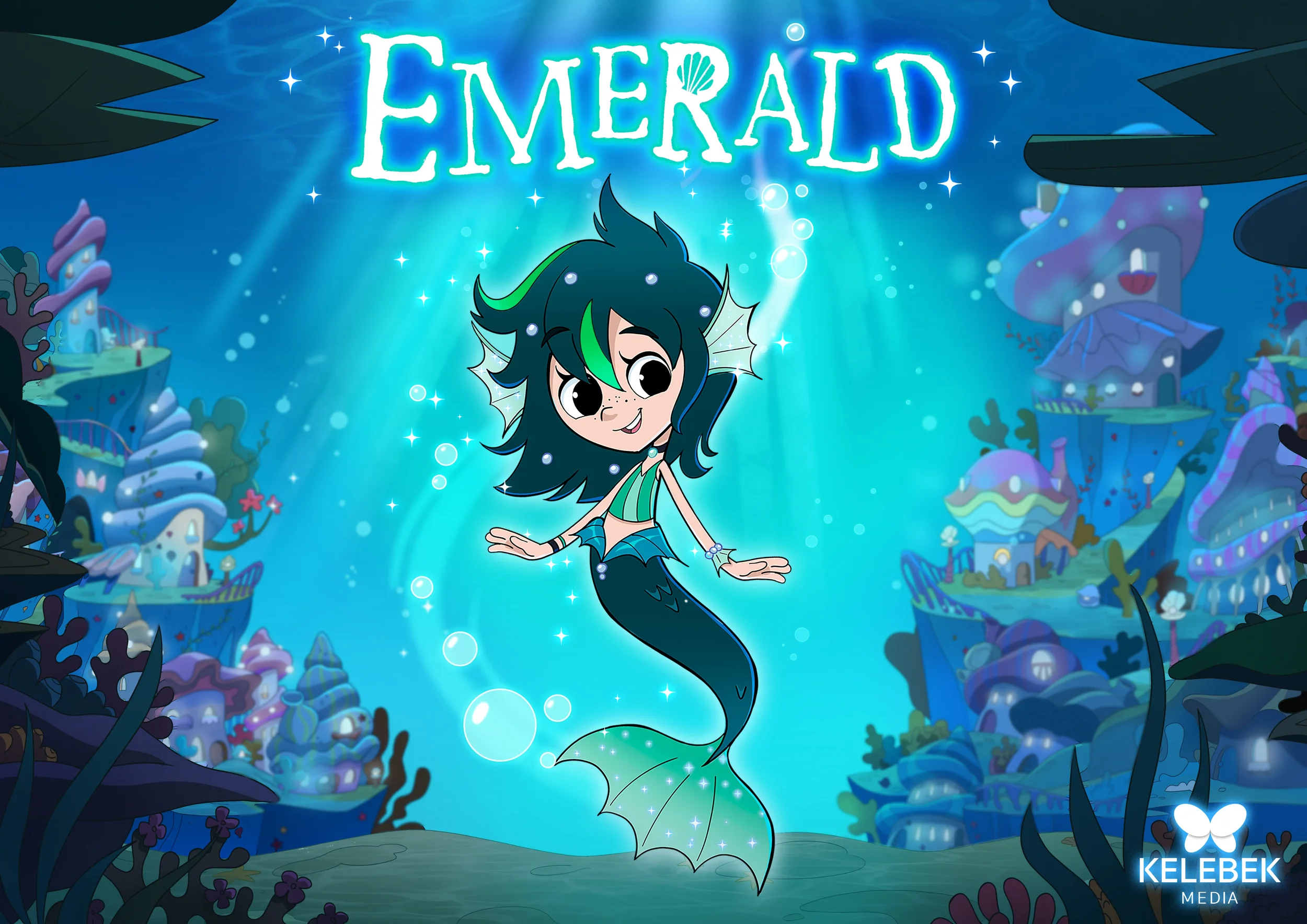 A young cartoon mermaid with blue hair and green highlights is in the centre. There are buildings made of sea shells in the background. The text 'Emerald' is at the top in white.