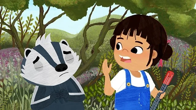 Yukee with black hair in two buns wearing blue dungarees holding red ukulele looking shocked beside Stripes the badger with closed eyes and sad expression