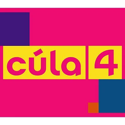 The text cúla 4 is in pink lettering with a yellow highlight. The background is pink with purple, blue, and orange squares.
