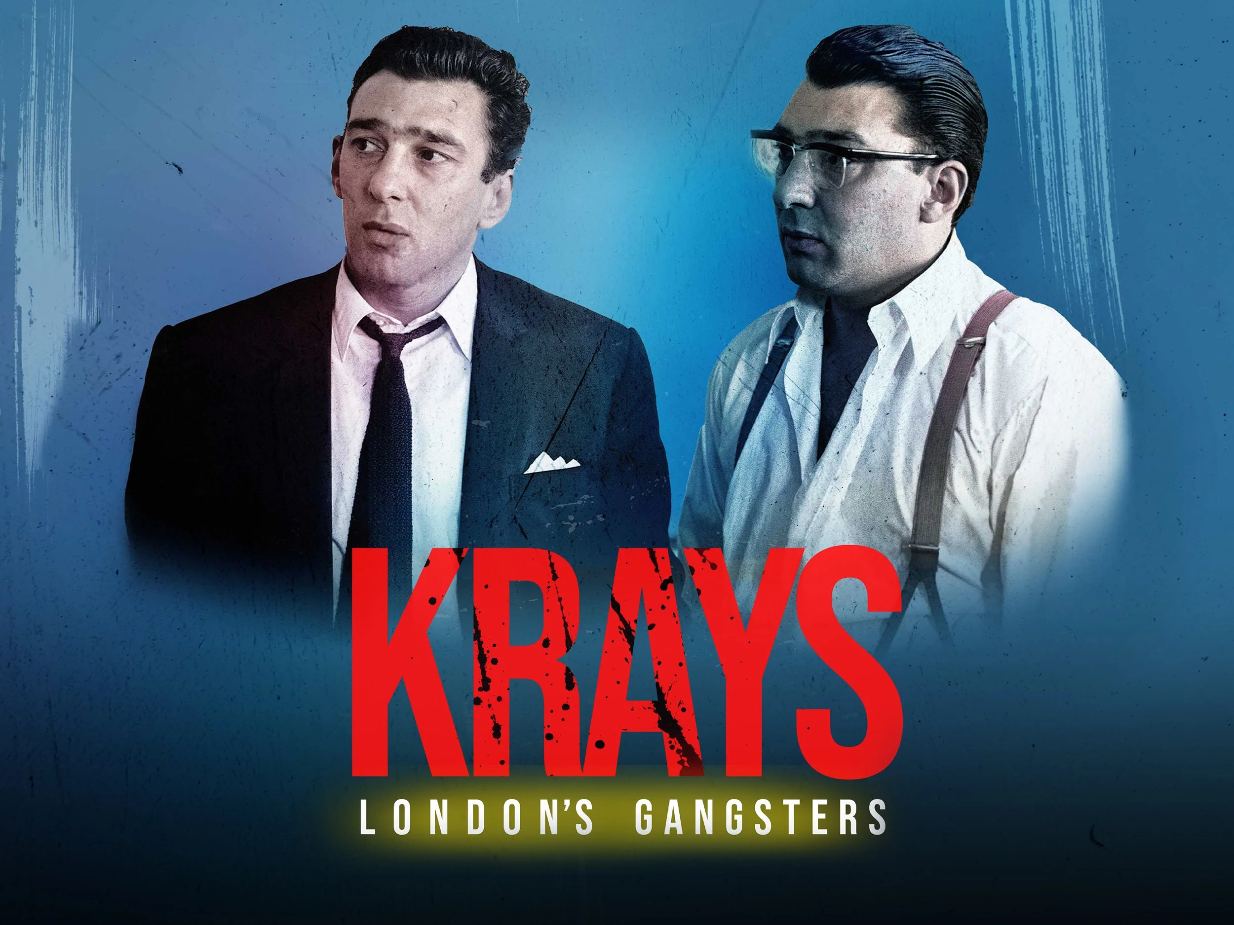 A man in a dark suit with a loose tie on the left and a man with an open shirt & suspenders wearing glasses on the right. 'KRAYS' text in red distressed letters above 'LONDON'S GANGSTERS' in white text with a yellow highlight.
