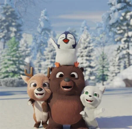 Lumo the Lapland Reindeer with his friends Chichu the penguin, Kea the fox, and Rollo the bear.  They are in a snowy forest.