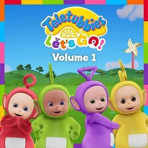 Red, Green, Purple, & Yellow teletubbies stand in front of a grassy hill with a blue sky. There is a windmill in the background.