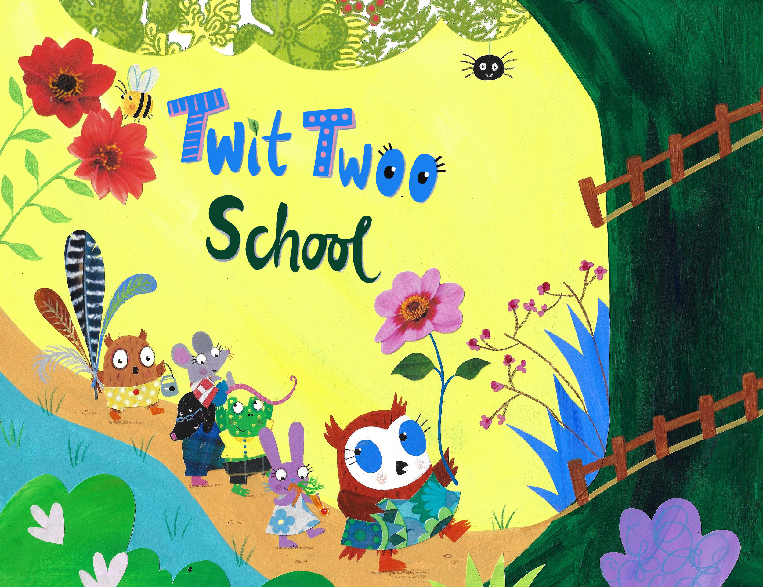A cartoon owl leads animal friends along a garden path