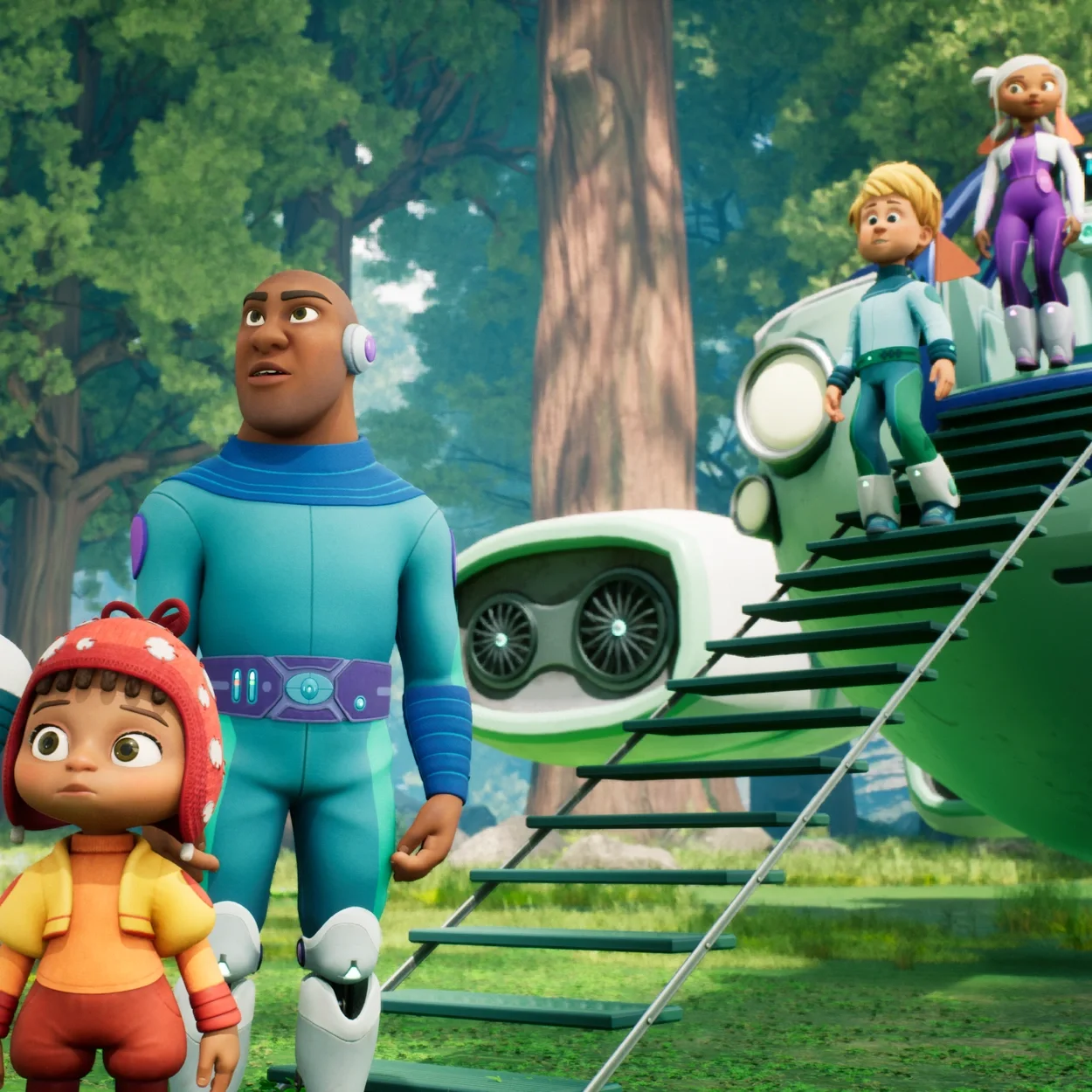 A family in futuristic space clothing stand along a spaceship ladder. They are in a green forest.