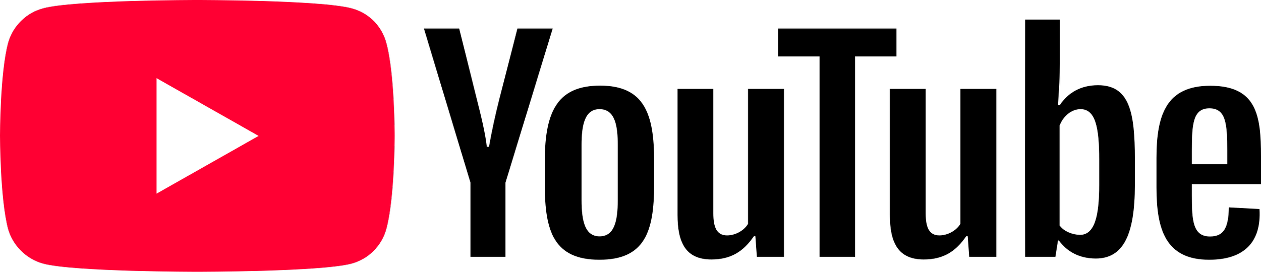 The words YouTube are in black text. There is a red play button with a white play symbol to the left.