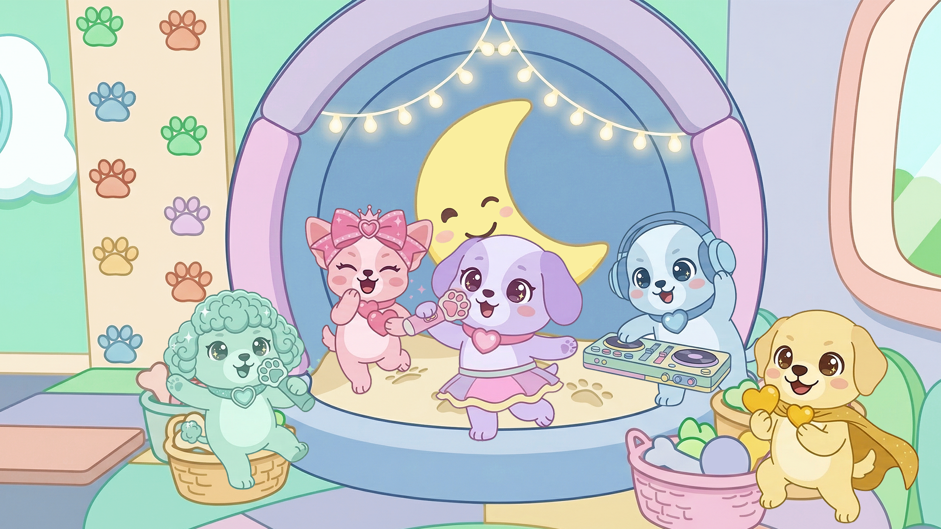 Five cartoon puppy characters in pastel colours, playing musical instruments