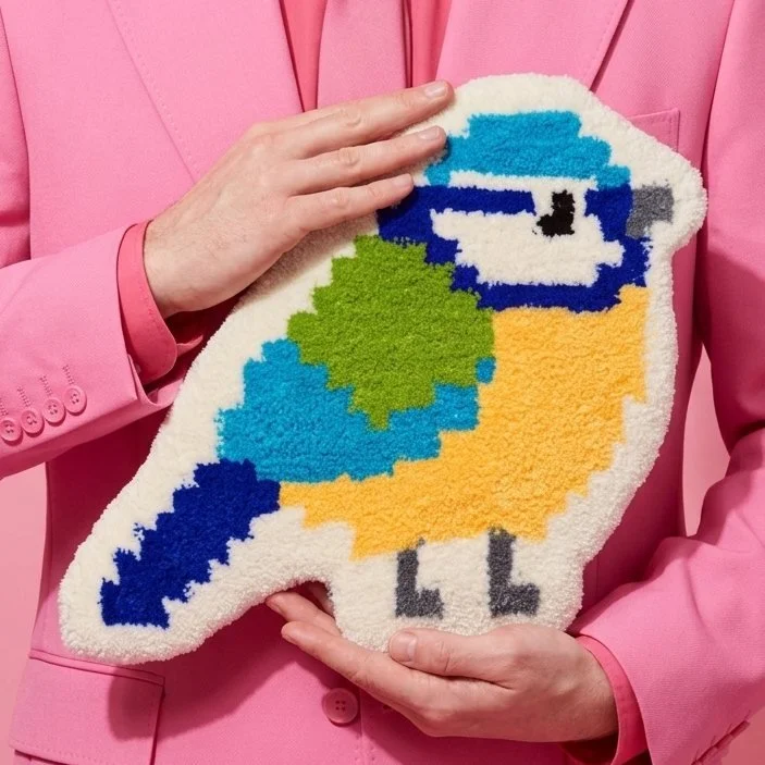 A hand holding a tufted blue tit bird rug with a yellow chest and green wing in front of orange and pink yarn.(The OG)