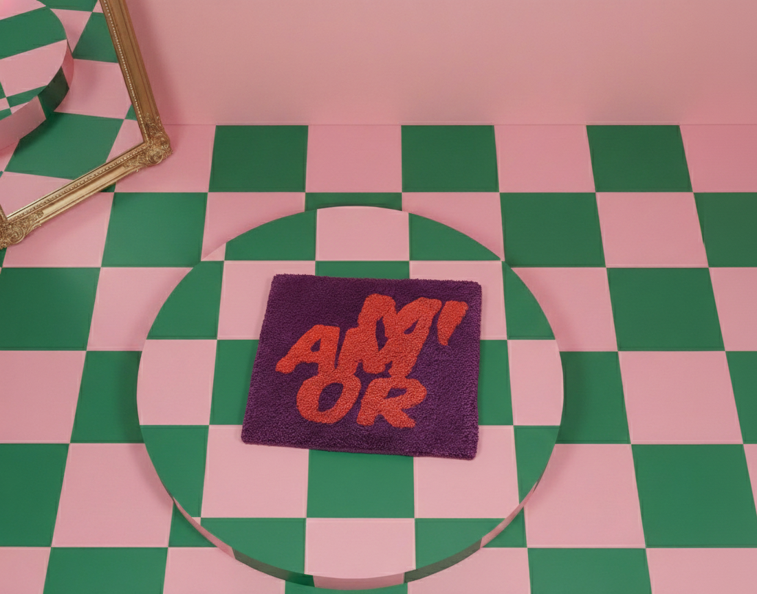 A rug with the words Mi Amor on a checkered floor