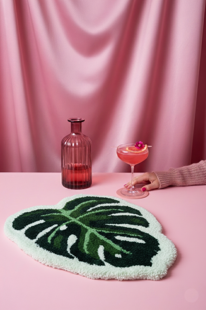 A leaf shaped rug on a pink table