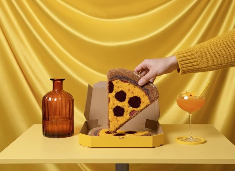 A mini pizza rug is being lifted out of a yellow box (The Mini)