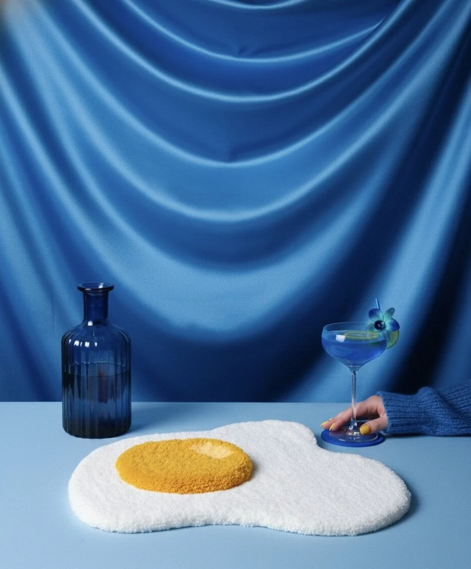 A 3D egg rug, tufted using multiple heights and textures