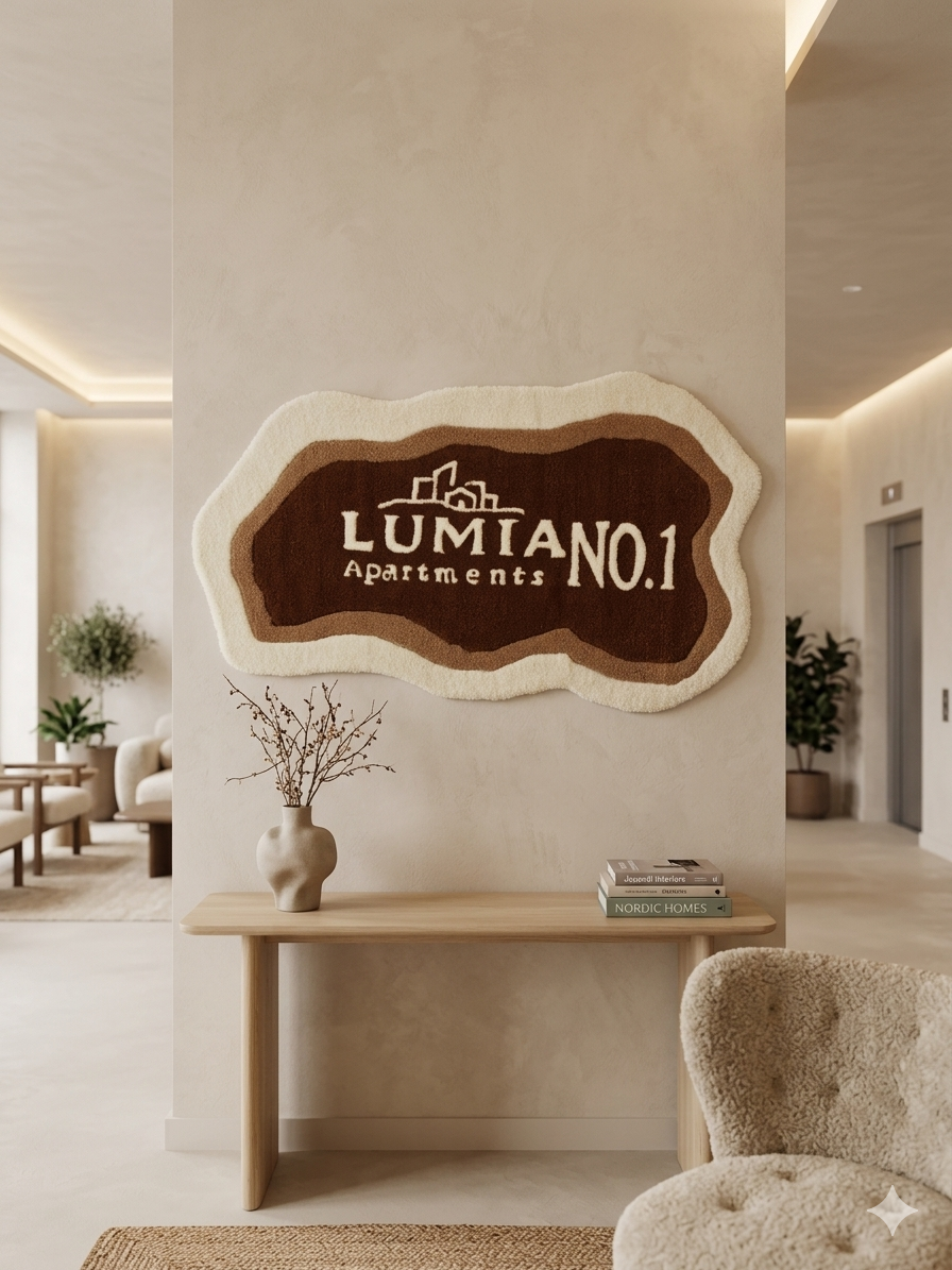 A hotel lobby featuring a commissioned one of a kind rug by Chad Wright
