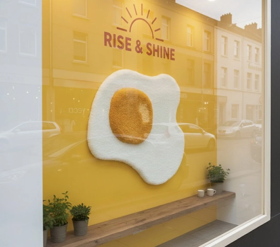 Window display featuring a felt art piece of fried egg with the text "RISE & SHINE" above it, and small potted plants and cups on a wooden shelf inside. The background has a yellow hue.