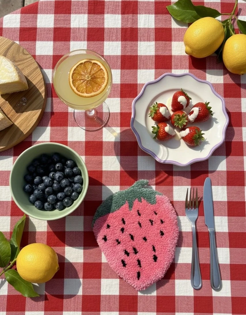 A strawberry tufted rug rests on a gorgeously art directed table