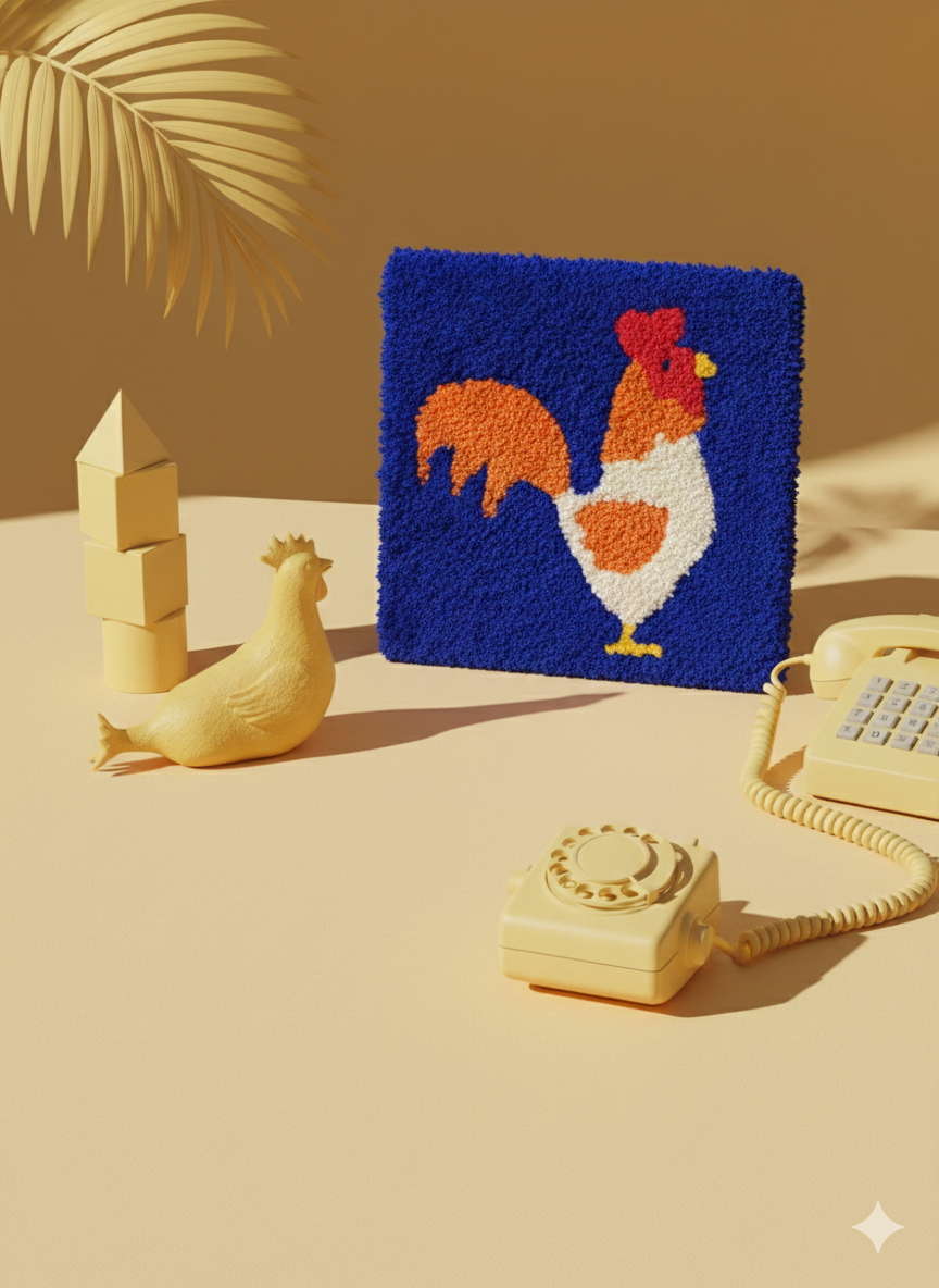 A small tufted artwork of a chicken in a stylised background