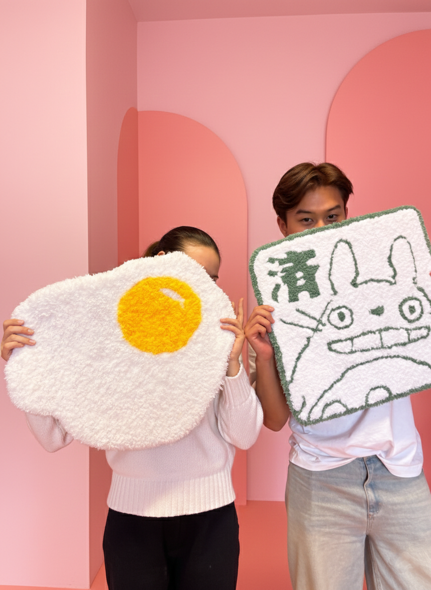 Two friends hold up their fluffy rugs in a pink studio space